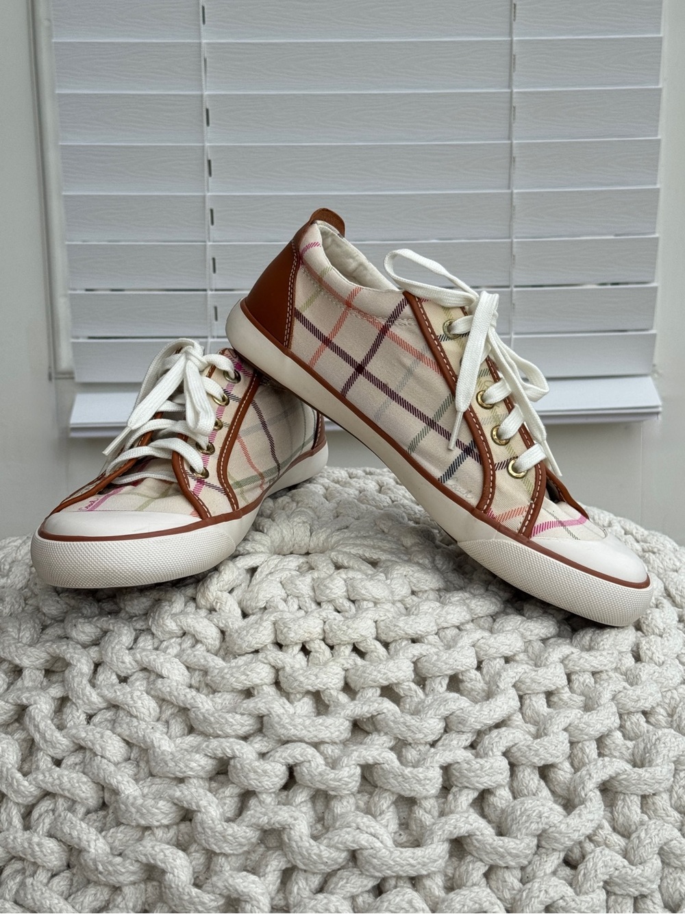 Coach Barrett Plaid Canvas Sneakers Women’s Size 10M Brown Trim Lace Up Shoes - Picture 6 of 13